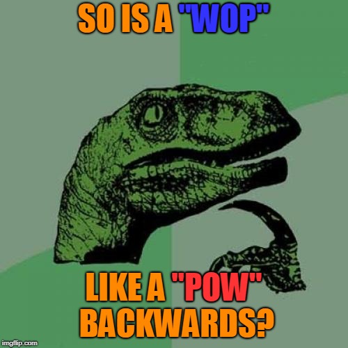 Philosoraptor Meme | SO IS A "WOP" LIKE A "POW" BACKWARDS? "WOP" "POW" | image tagged in memes,philosoraptor | made w/ Imgflip meme maker