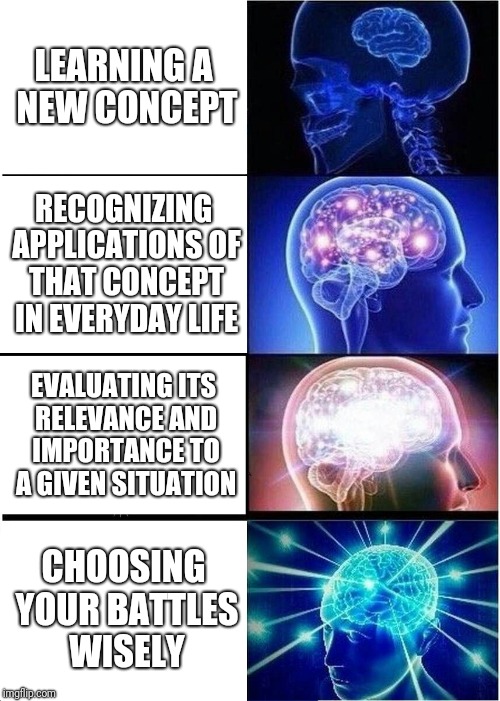 Dangers of Learning Too Quickly | LEARNING A NEW CONCEPT; RECOGNIZING APPLICATIONS OF THAT CONCEPT IN EVERYDAY LIFE; EVALUATING ITS RELEVANCE AND IMPORTANCE TO A GIVEN SITUATION; CHOOSING YOUR BATTLES WISELY | image tagged in memes,expanding brain | made w/ Imgflip meme maker