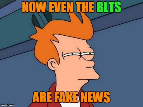 Futurama Fry Meme | NOW EVEN THE BLTS ARE FAKE NEWS BLTS | image tagged in memes,futurama fry | made w/ Imgflip meme maker