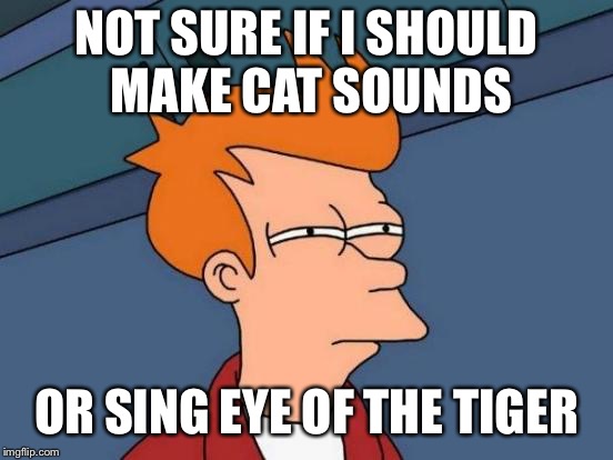 Futurama Fry Meme | NOT SURE IF I SHOULD MAKE CAT SOUNDS OR SING EYE OF THE TIGER | image tagged in memes,futurama fry | made w/ Imgflip meme maker