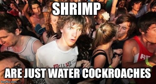 Sudden Clarity Clarence Meme | SHRIMP; ARE JUST WATER COCKROACHES | image tagged in memes,sudden clarity clarence | made w/ Imgflip meme maker