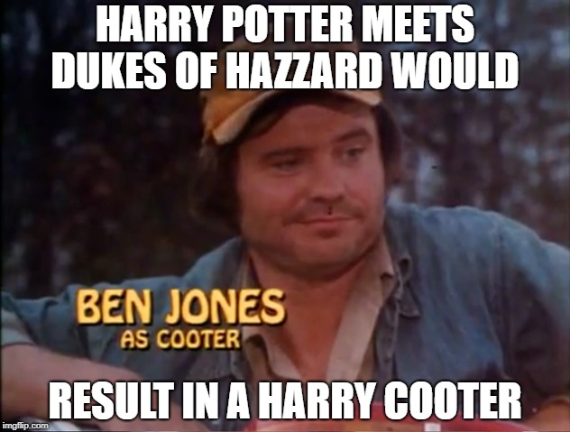 We love you Harry Cooter | HARRY POTTER MEETS DUKES OF HAZZARD WOULD; RESULT IN A HARRY COOTER | image tagged in harry potter,dulkes of hazzard,cooter,harry cooter,ben jones | made w/ Imgflip meme maker