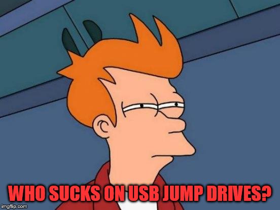 Futurama Fry Meme | WHO SUCKS ON USB JUMP DRIVES? | image tagged in memes,futurama fry | made w/ Imgflip meme maker