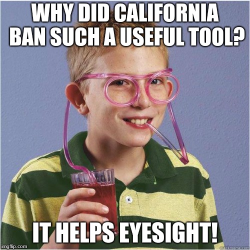 Straw glasses | WHY DID CALIFORNIA BAN SUCH A USEFUL TOOL? IT HELPS EYESIGHT! | image tagged in straw glasses | made w/ Imgflip meme maker