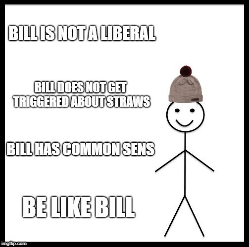 Be Like Bill Meme | BILL IS NOT A LIBERAL; BILL DOES NOT GET TRIGGERED ABOUT STRAWS; BILL HAS COMMON SENS; BE LIKE BILL | image tagged in memes,be like bill | made w/ Imgflip meme maker