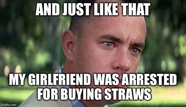 Forest Gump | AND JUST LIKE THAT; MY GIRLFRIEND WAS ARRESTED FOR BUYING STRAWS | image tagged in forest gump | made w/ Imgflip meme maker