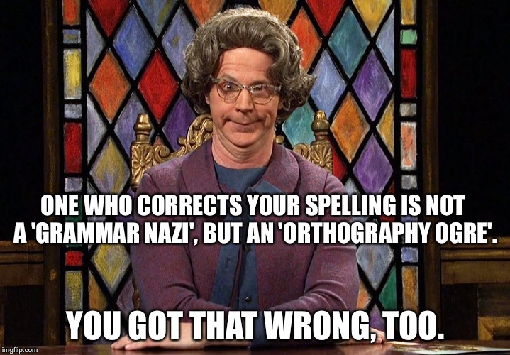 The Church Lady | ONE WHO CORRECTS YOUR SPELLING IS NOT A 'GRAMMAR NAZI', BUT AN 'ORTHOGRAPHY OGRE'. YOU GOT THAT WRONG, TOO. | image tagged in the church lady | made w/ Imgflip meme maker
