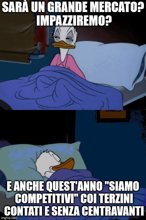 Paperino Dorme | SARÀ UN GRANDE MERCATO? IMPAZZIREMO? E ANCHE QUEST'ANNO "SIAMO COMPETITIVI" COI TERZINI CONTATI E SENZA CENTRAVANTI | image tagged in paperino dorme | made w/ Imgflip meme maker