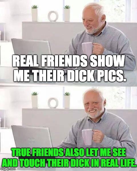 Real and True Friends | REAL FRIENDS SHOW ME THEIR DICK PICS. TRUE FRIENDS ALSO LET ME SEE AND TOUCH THEIR DICK IN REAL LIFE. | image tagged in memes,hide the pain harold,friends,dick,dick pic | made w/ Imgflip meme maker