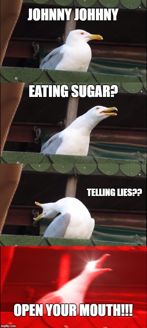 Johnny Johnny | JOHNNY JOHHNY; EATING SUGAR? TELLING LIES?? OPEN YOUR MOUTH!!! | image tagged in memes,inhaling seagull,johhny,eating,sugar,lies | made w/ Imgflip meme maker