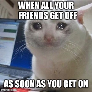 Crying cat | WHEN ALL YOUR  FRIENDS GET OFF; AS SOON AS YOU GET ON | image tagged in crying cat | made w/ Imgflip meme maker