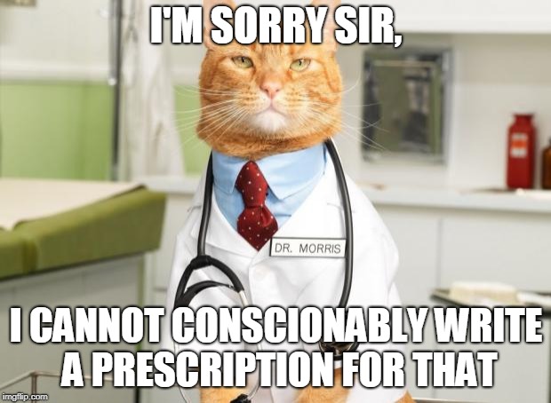 Cat Doctor | I'M SORRY SIR, I CANNOT CONSCIONABLY WRITE A PRESCRIPTION FOR THAT | image tagged in cat doctor | made w/ Imgflip meme maker