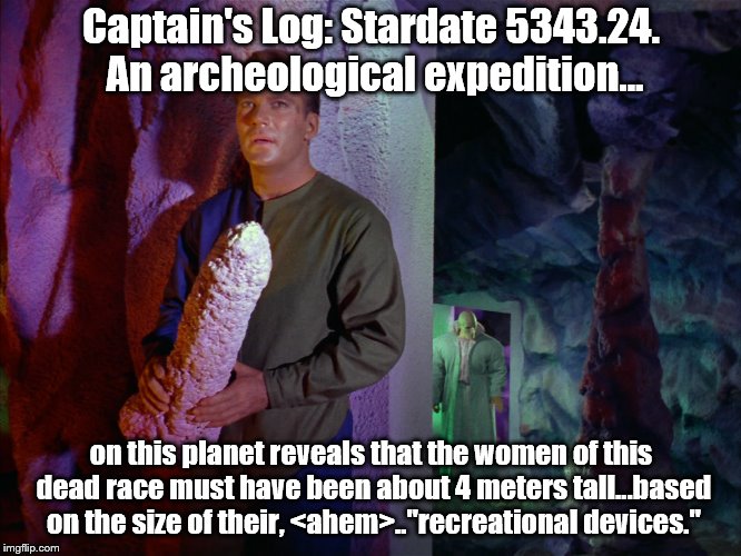 Does this need a NSFW tag? | Captain's Log: Stardate 5343.24. An archeological expedition... on this planet reveals that the women of this dead race must have been about 4 meters tall...based on the size of their, <ahem>.."recreational devices." | image tagged in captain kirk | made w/ Imgflip meme maker