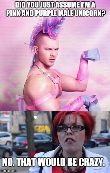 DID YOU JUST ASSUME I'M A PINK AND PURPLE MALE UNICORN? NO. THAT WOULD BE CRAZY. | image tagged in triggered | made w/ Imgflip meme maker