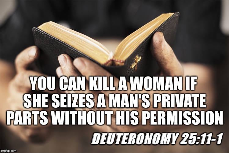 In the old scriptures it has been said... | YOU CAN KILL A WOMAN IF SHE SEIZES A MAN'S PRIVATE PARTS WITHOUT HIS PERMISSION; DEUTERONOMY 25:11-1 | image tagged in disturbing bible quotes 1,deuteronomy | made w/ Imgflip meme maker