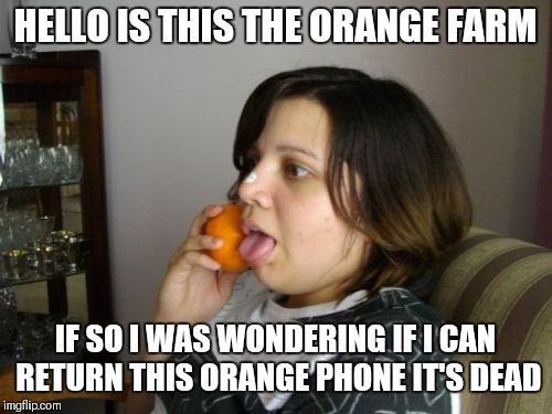 Needs to call the funny farm | HELLO IS THIS THE ORANGE FARM; IF SO I WAS WONDERING IF I CAN RETURN THIS ORANGE PHONE IT'S DEAD | image tagged in memes,wrong number rita | made w/ Imgflip meme maker
