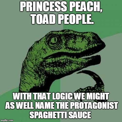 Philosoraptor Meme | PRINCESS PEACH, TOAD PEOPLE. WITH THAT LOGIC WE MIGHT AS WELL NAME THE PROTAGONIST SPAGHETTI SAUCE | image tagged in memes,philosoraptor | made w/ Imgflip meme maker