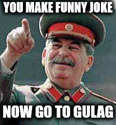 Stalin says | YOU MAKE FUNNY JOKE NOW GO TO GULAG | image tagged in stalin says | made w/ Imgflip meme maker