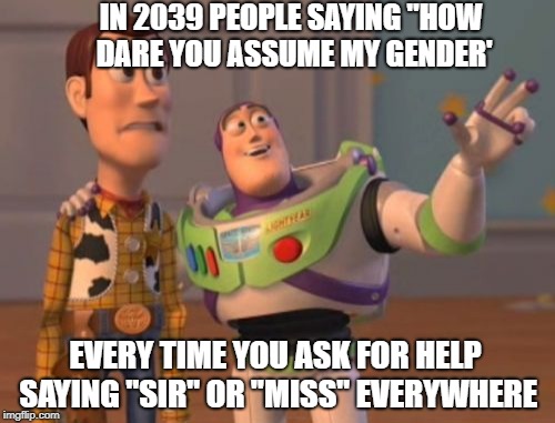 X, X Everywhere Meme | IN 2039 PEOPLE SAYING "HOW DARE YOU ASSUME MY GENDER'; EVERY TIME YOU ASK FOR HELP SAYING "SIR" OR "MISS" EVERYWHERE | image tagged in memes,x x everywhere | made w/ Imgflip meme maker