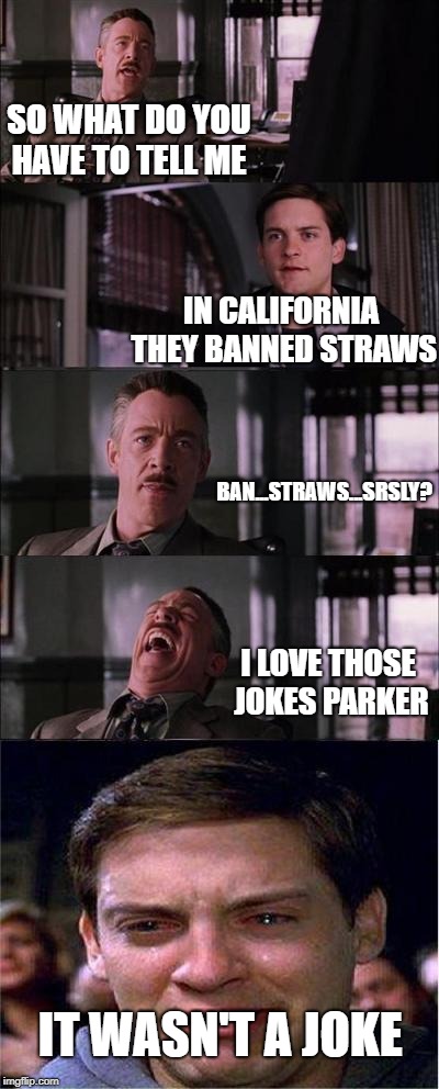 Peter Parker Cry Meme | SO WHAT DO YOU HAVE TO TELL ME; IN CALIFORNIA THEY BANNED STRAWS; BAN...STRAWS...SRSLY? I LOVE THOSE JOKES PARKER; IT WASN'T A JOKE | image tagged in memes,peter parker cry | made w/ Imgflip meme maker