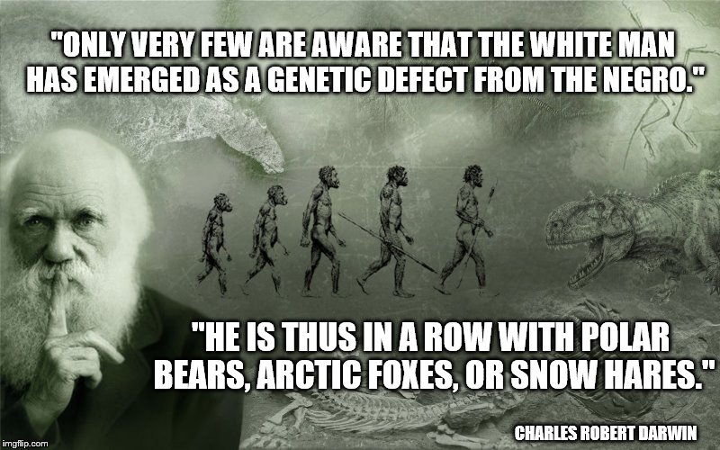 Polar Negro | "ONLY VERY FEW ARE AWARE THAT THE WHITE MAN HAS EMERGED AS A GENETIC DEFECT FROM THE NEGRO."; "HE IS THUS IN A ROW WITH POLAR BEARS, ARCTIC FOXES, OR SNOW HARES."; CHARLES ROBERT DARWIN | image tagged in white,man,darwin,negro,genetic,race | made w/ Imgflip meme maker