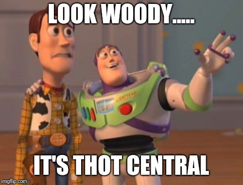 X, X Everywhere Meme | LOOK WOODY..... IT'S THOT CENTRAL | image tagged in memes,x x everywhere | made w/ Imgflip meme maker