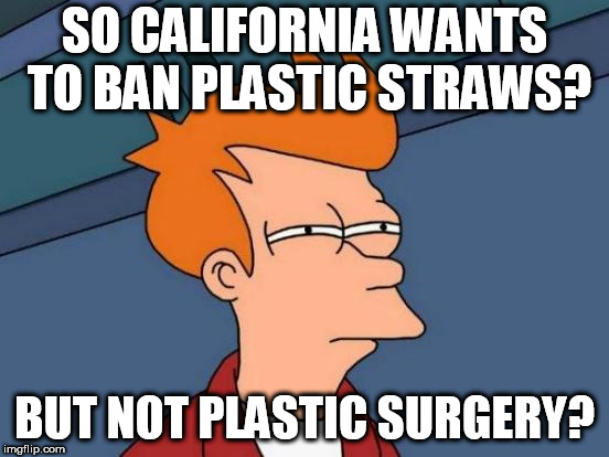 Futurama Fry Meme | SO CALIFORNIA WANTS TO BAN PLASTIC STRAWS? BUT NOT PLASTIC SURGERY? | image tagged in memes,futurama fry | made w/ Imgflip meme maker