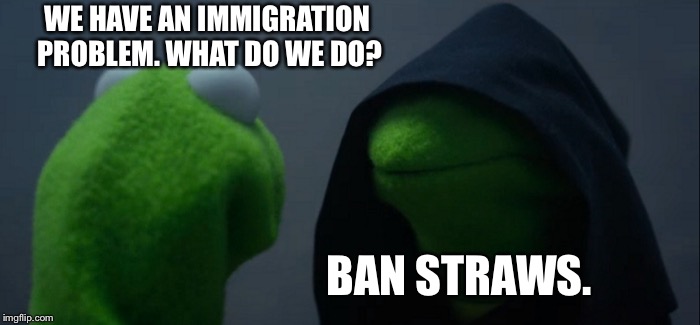 Evil Kermit Meme | WE HAVE AN IMMIGRATION PROBLEM. WHAT DO WE DO? BAN STRAWS. | image tagged in memes,evil kermit | made w/ Imgflip meme maker