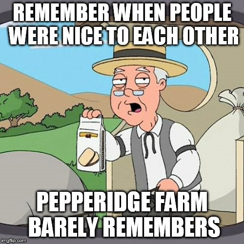 Pepperidge Farm Remembers | REMEMBER WHEN PEOPLE WERE NICE TO EACH OTHER; PEPPERIDGE FARM BARELY REMEMBERS | image tagged in memes,pepperidge farm remembers | made w/ Imgflip meme maker