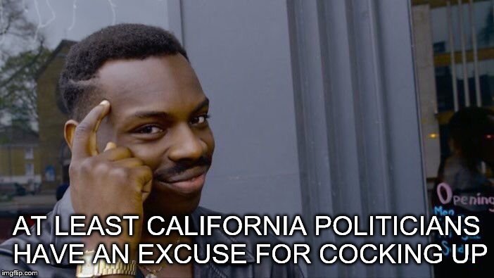 Roll Safe Think About It Meme | AT LEAST CALIFORNIA POLITICIANS HAVE AN EXCUSE FOR COCKING UP | image tagged in memes,roll safe think about it | made w/ Imgflip meme maker