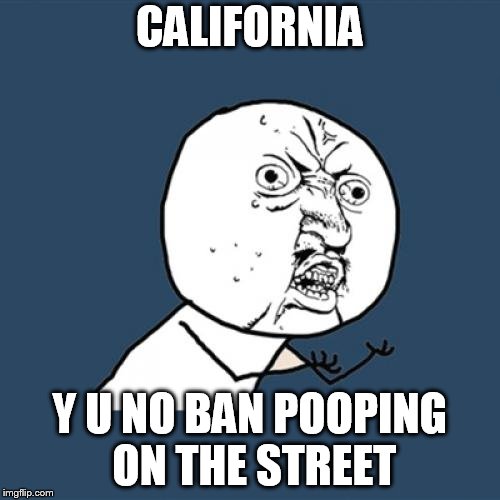 Y U No | CALIFORNIA; Y U NO BAN POOPING ON THE STREET | image tagged in memes,y u no | made w/ Imgflip meme maker
