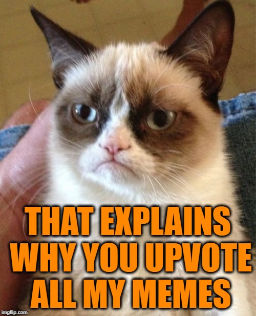 Grumpy Cat Meme | THAT EXPLAINS WHY YOU UPVOTE ALL MY MEMES | image tagged in memes,grumpy cat | made w/ Imgflip meme maker
