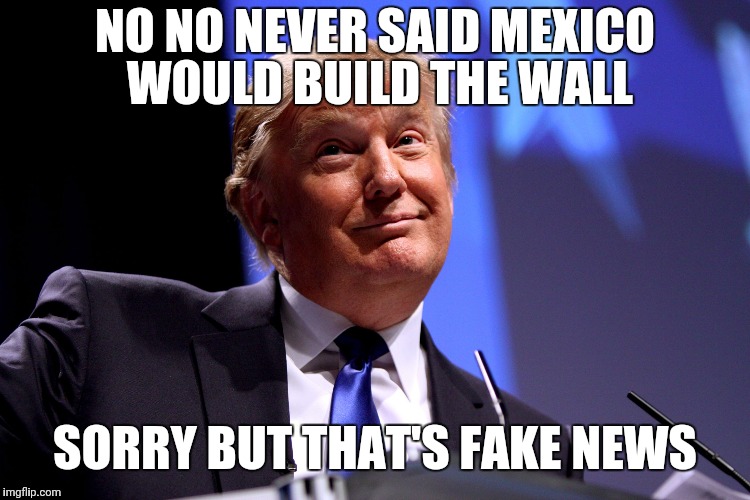 Donald Trump No2 |  NO NO NEVER SAID MEXICO WOULD BUILD THE WALL; SORRY BUT THAT'S FAKE NEWS | image tagged in donald trump no2 | made w/ Imgflip meme maker