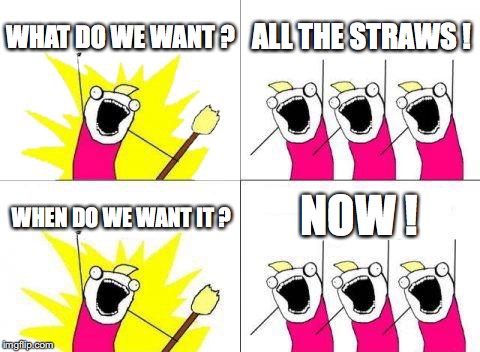 What Do We Want Meme | WHAT DO WE WANT ? ALL THE STRAWS ! NOW ! WHEN DO WE WANT IT ? | image tagged in memes,what do we want | made w/ Imgflip meme maker