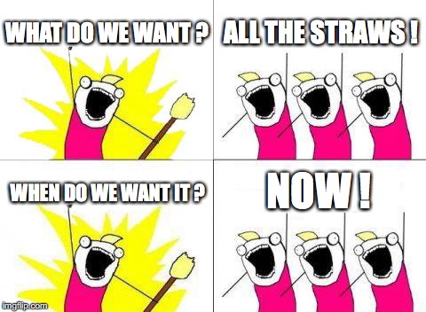 What Do We Want | WHAT DO WE WANT ? ALL THE STRAWS ! NOW ! WHEN DO WE WANT IT ? | image tagged in memes,what do we want | made w/ Imgflip meme maker