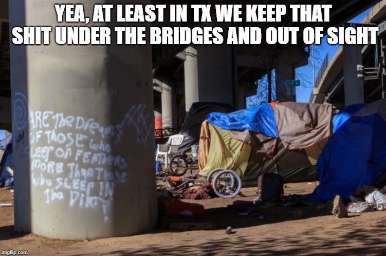 YEA, AT LEAST IN TX WE KEEP THAT SHIT UNDER THE BRIDGES AND OUT OF SIGHT | made w/ Imgflip meme maker