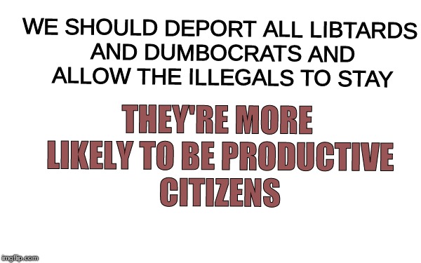 White Blank | WE SHOULD DEPORT ALL LIBTARDS AND DUMBOCRATS AND ALLOW THE ILLEGALS TO STAY; THEY'RE MORE LIKELY TO BE PRODUCTIVE CITIZENS | image tagged in libtards,dumbocrats | made w/ Imgflip meme maker