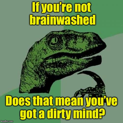 Philosoraptor | If you’re not brainwashed; Does that mean you’ve got a dirty mind? | image tagged in memes,philosoraptor | made w/ Imgflip meme maker