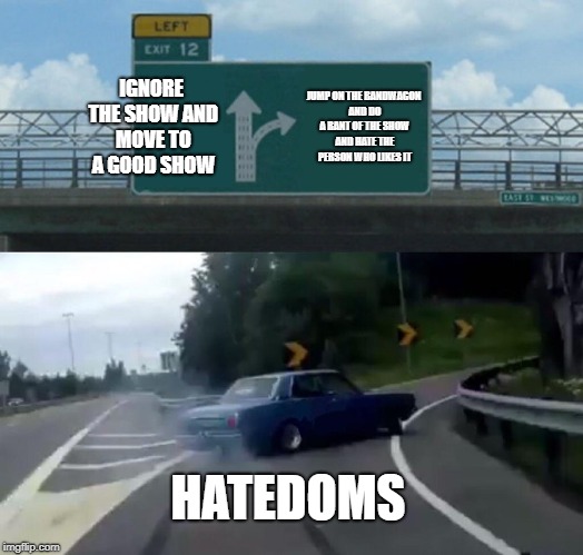Left Exit 12 Off Ramp Meme | IGNORE THE SHOW AND MOVE TO A GOOD SHOW; JUMP ON THE BANDWAGON AND DO A RANT OF THE SHOW AND HATE THE PERSON WHO LIKES IT; HATEDOMS | image tagged in memes,left exit 12 off ramp | made w/ Imgflip meme maker