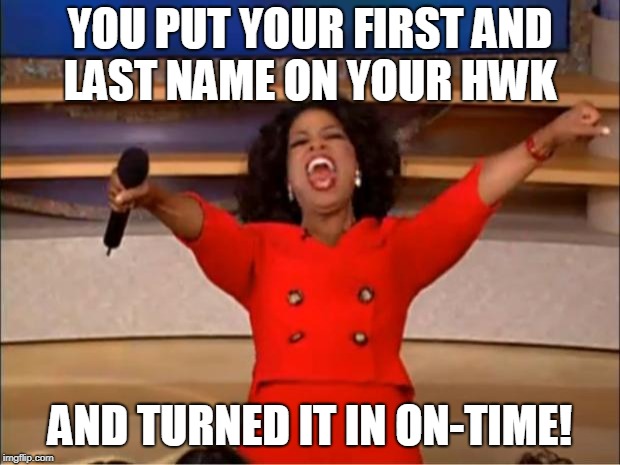 Oprah You Get A Meme | YOU PUT YOUR FIRST AND LAST NAME ON YOUR HWK; AND TURNED IT IN ON-TIME! | image tagged in memes,oprah you get a | made w/ Imgflip meme maker