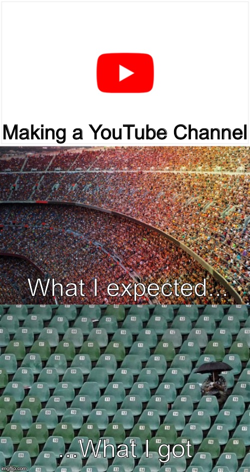YouTube channel is Windows Error 1495. I won’t be able to upload, but still... so lonely... | Making a YouTube Channel; What I expected... ...What I got | image tagged in youtube,youtuber,unpopular,memes,so true memes,funny | made w/ Imgflip meme maker