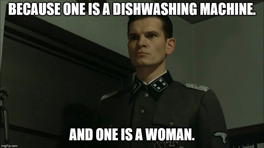 Obvious Otto Günsche | BECAUSE ONE IS A DISHWASHING MACHINE. AND ONE IS A WOMAN. | image tagged in obvious otto gnsche | made w/ Imgflip meme maker