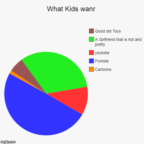 What kids REALLY Want Now a days | What Kids wanr | Cartoons, Fortnite, youtube, A Girlfriend that is hot and pretty, Good old Toys | image tagged in funny,pie charts | made w/ Imgflip chart maker