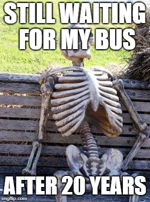 Waiting Skeleton | STILL WAITING FOR MY BUS; AFTER 20 YEARS | image tagged in memes,waiting skeleton | made w/ Imgflip meme maker