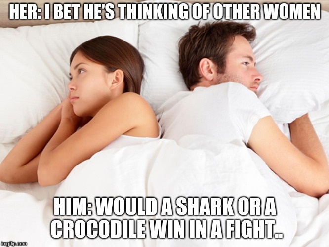HER: I BET HE'S THINKING OF OTHER WOMEN; HIM: WOULD A SHARK OR A CROCODILE WIN IN A FIGHT.. | image tagged in women,shark,funny,ieonic,that's what she said | made w/ Imgflip meme maker