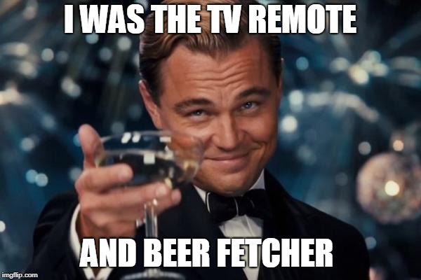 Leonardo Dicaprio Cheers Meme | I WAS THE TV REMOTE AND BEER FETCHER | image tagged in memes,leonardo dicaprio cheers | made w/ Imgflip meme maker