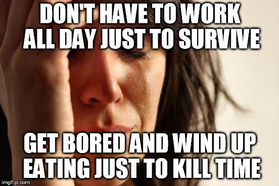 First World Problems Meme | DON'T HAVE TO WORK ALL DAY JUST TO SURVIVE; GET BORED AND WIND UP EATING JUST TO KILL TIME | image tagged in memes,first world problems,AdviceAnimals | made w/ Imgflip meme maker
