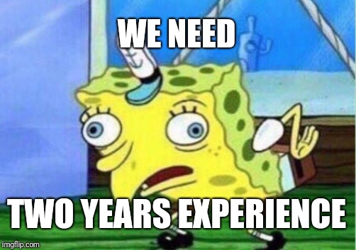 We just don't have the time to give it to you | WE NEED; TWO YEARS EXPERIENCE | image tagged in memes,mocking spongebob | made w/ Imgflip meme maker