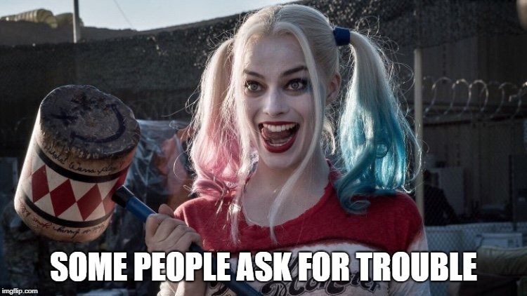 Harley Q | SOME PEOPLE ASK FOR TROUBLE | image tagged in harley q | made w/ Imgflip meme maker