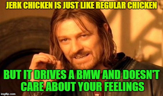 Now I am hungry for chicken | JERK CHICKEN IS JUST LIKE REGULAR CHICKEN; BUT IT DRIVES A BMW AND DOESN'T CARE ABOUT YOUR FEELINGS | image tagged in memes,one does not simply,funny,jerk,chicken | made w/ Imgflip meme maker